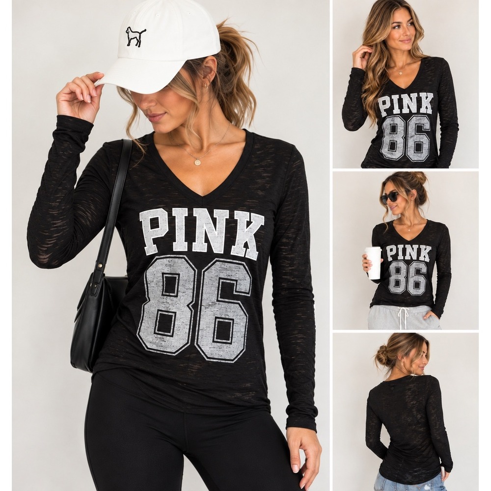 Victoria's Secret PINK Top Womens S Black Burnout V Neck 86 Graphic Long Sleeve